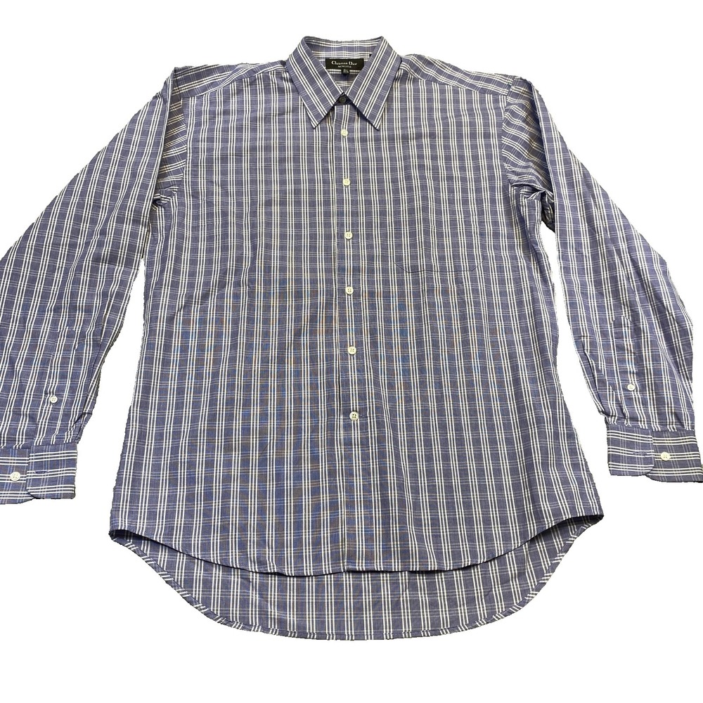 Christian Dior‎ Shirt Mens 15.5 34/35 Blue White Plaid Button Down 100% Cotton